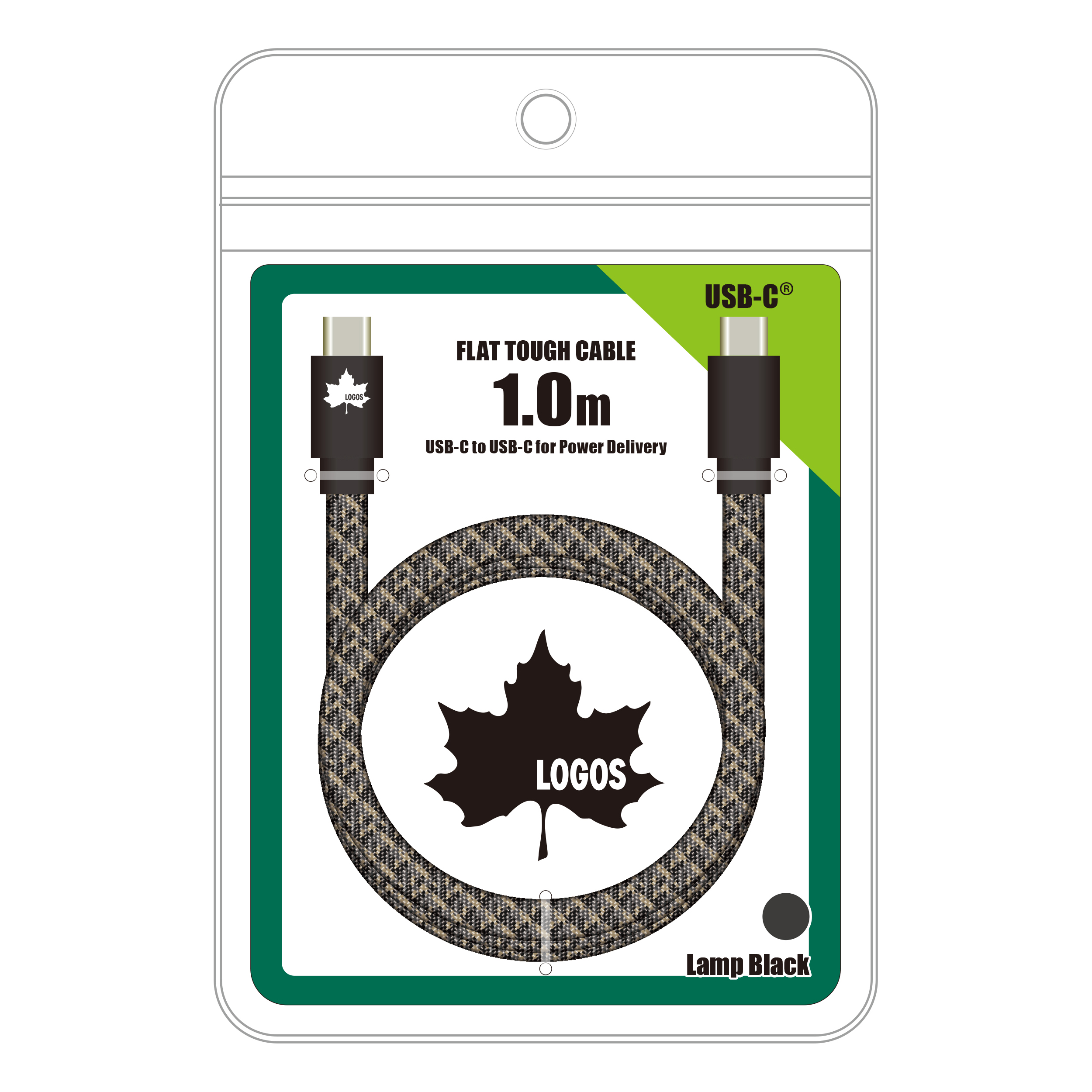 LOGOS フラットケーブル USB-C to C 1.0m ランプブラック　