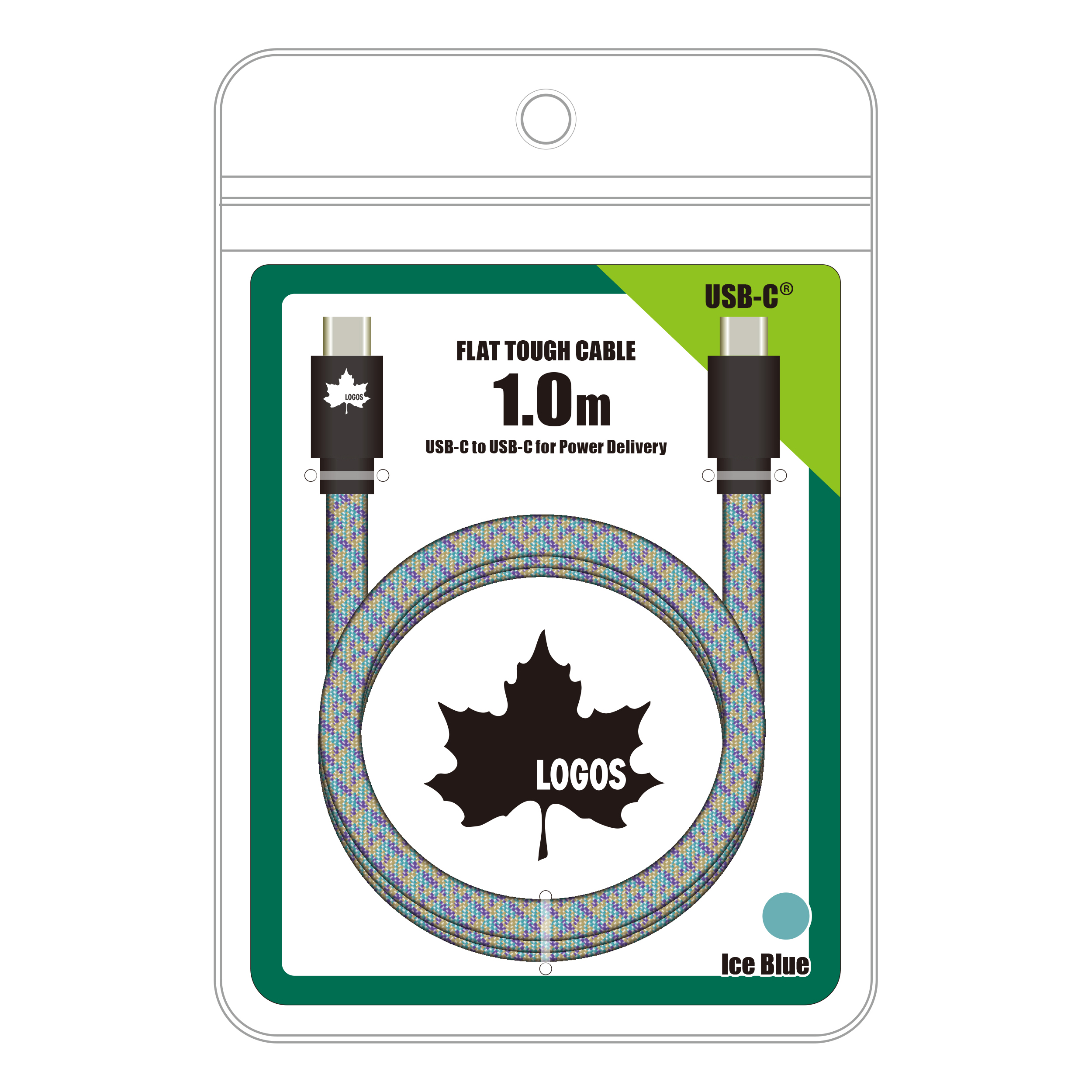 LOGOS フラットケーブル USB-C to C 1.0m アイスブルー　